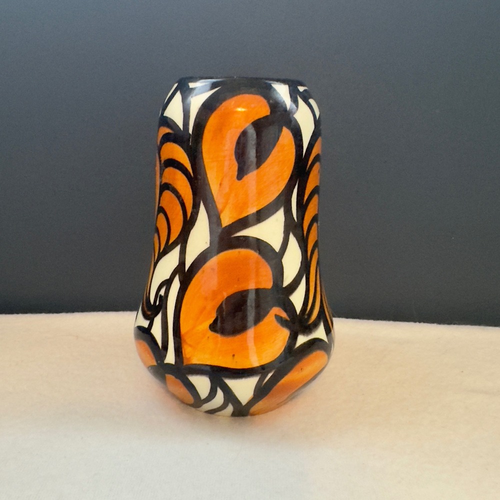 Vintage SMF Schramberg Art Deco Pottery Vase Orange Black Hand Painted Germany